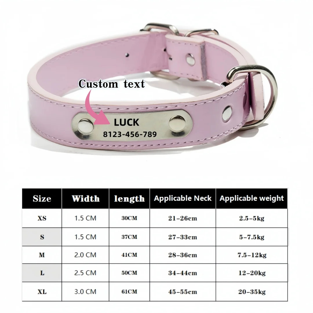 Personalized Pet Collar with Engraved Name Tag - Adjustable PU Leather Collar for Dogs & Cats