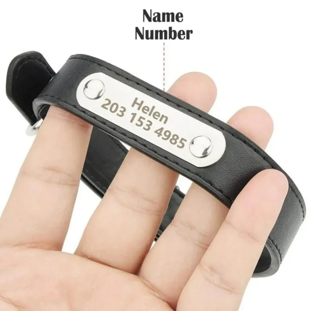 Personalized Pet Collar with Engraved Name Tag - Adjustable PU Leather Collar for Dogs & Cats