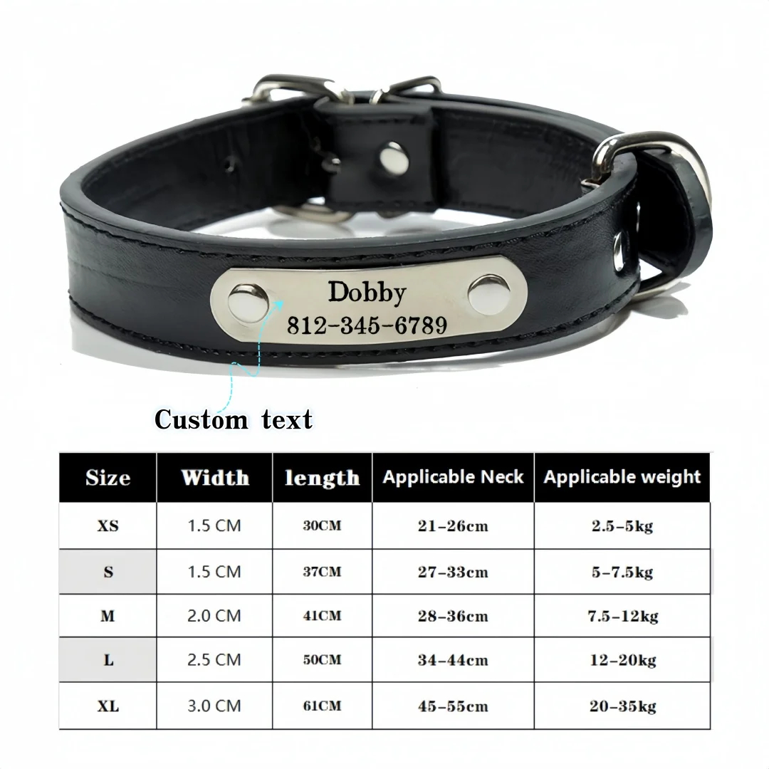 Personalized Pet Collar with Engraved Name Tag - Adjustable PU Leather Collar for Dogs & Cats