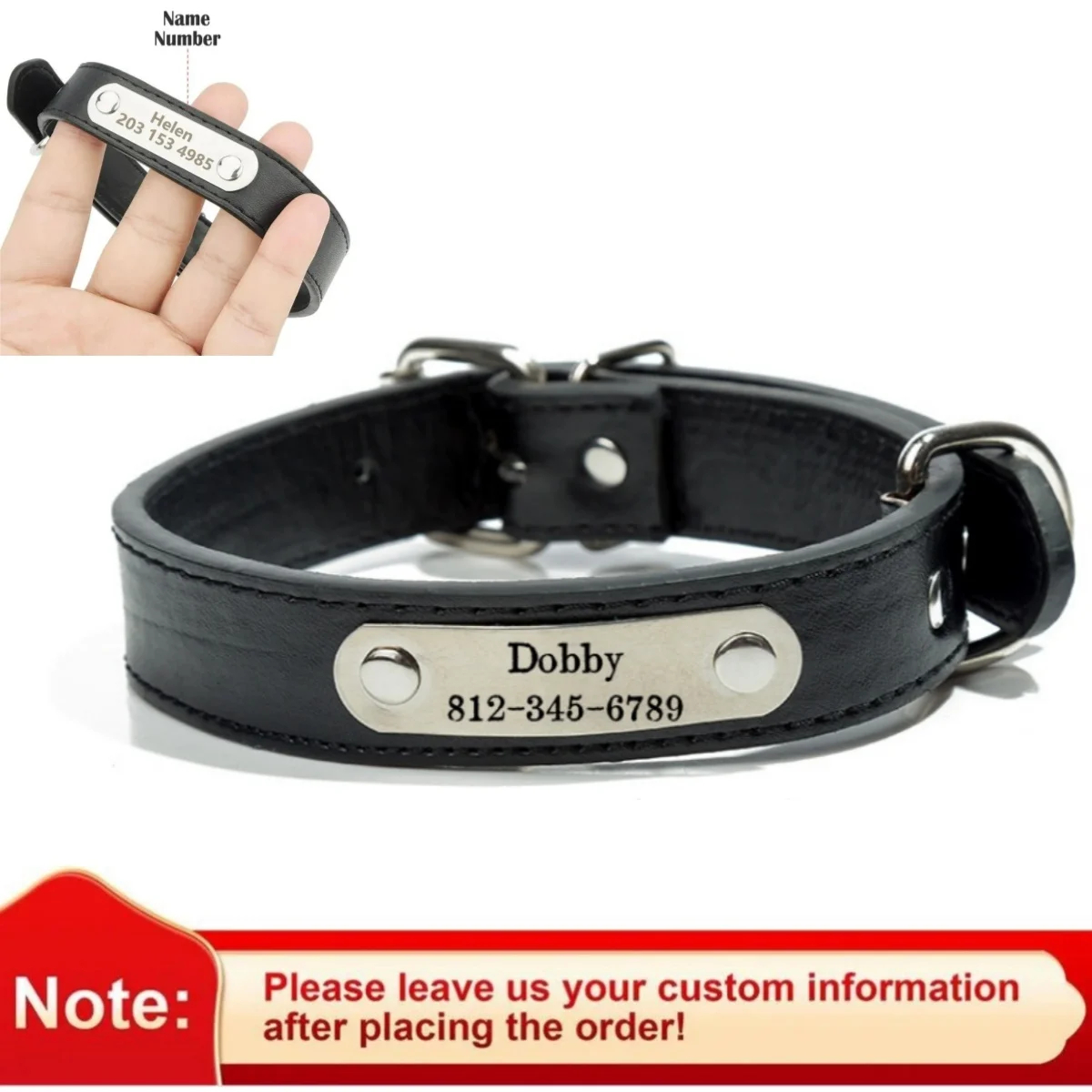Personalized Pet Collar with Engraved Name Tag - Adjustable PU Leather Collar for Dogs & Cats