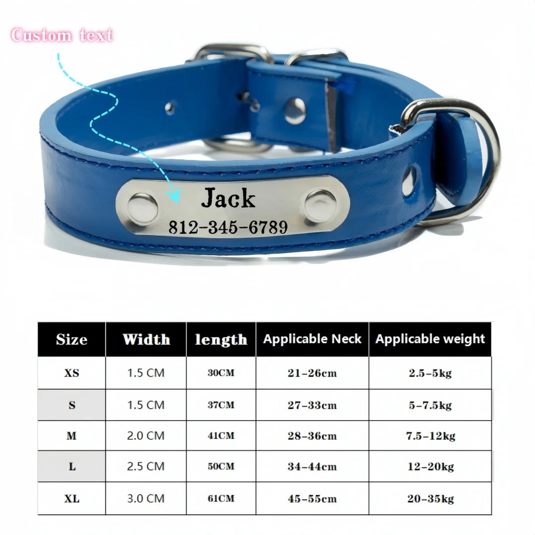 Personalized Pet Collar with Engraved Name Tag - Adjustable PU Leather Collar for Dogs & Cats