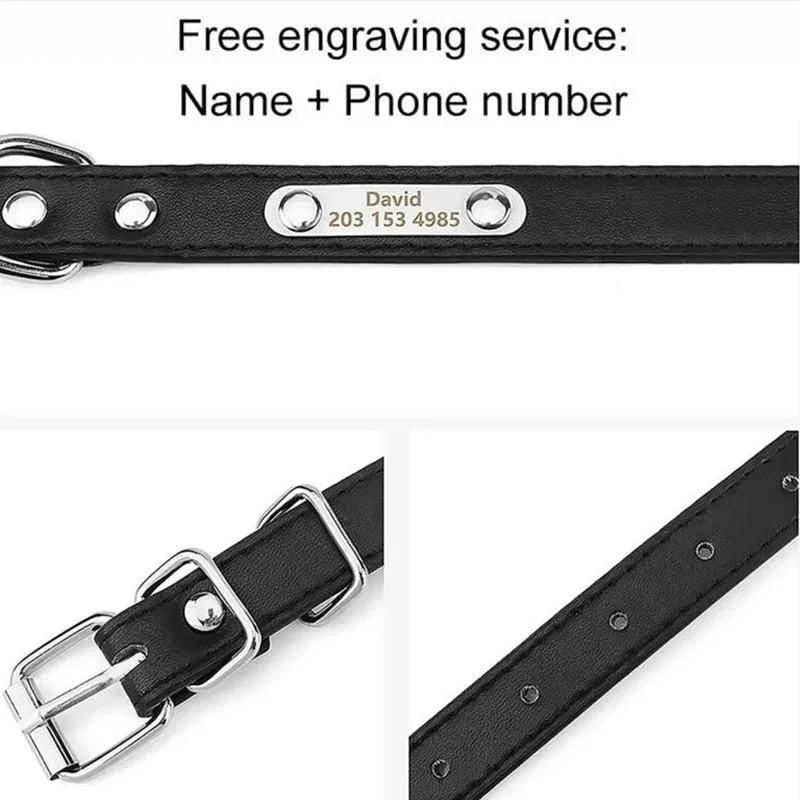 Personalized Pet Collar with Engraved Name Tag - Adjustable PU Leather Collar for Dogs & Cats