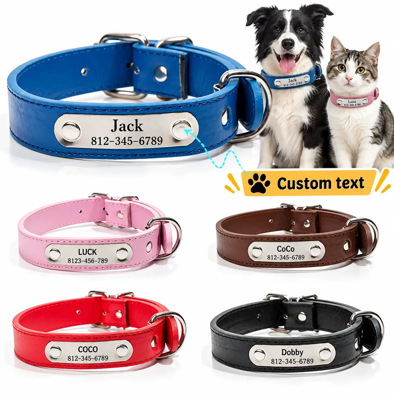 Personalized Pet Collar with Engraved Name Tag - Adjustable PU Leather Collar for Dogs & Cats