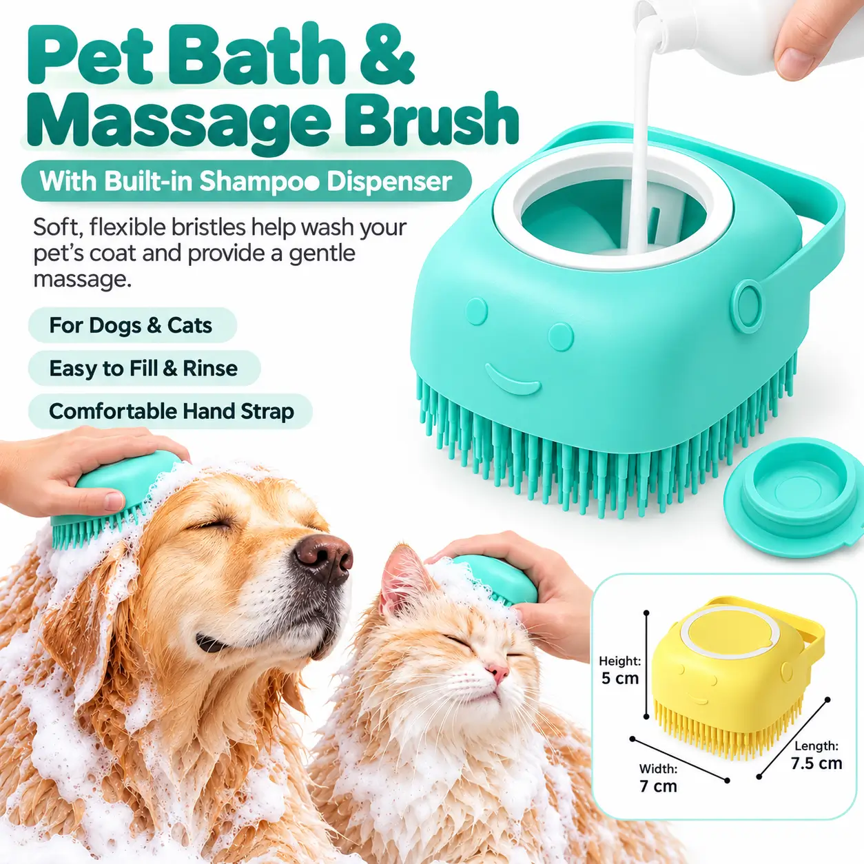 Pet Bath & Massage Brush with Shampoo Dispenser