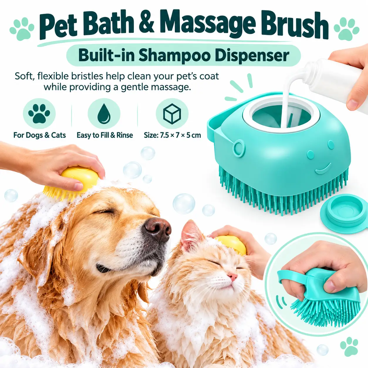 Pet Bath & Massage Brush with Shampoo Dispenser